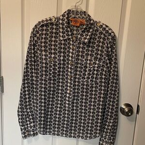 Tory Burch Navy and White Pufferfish Button Down Shirt